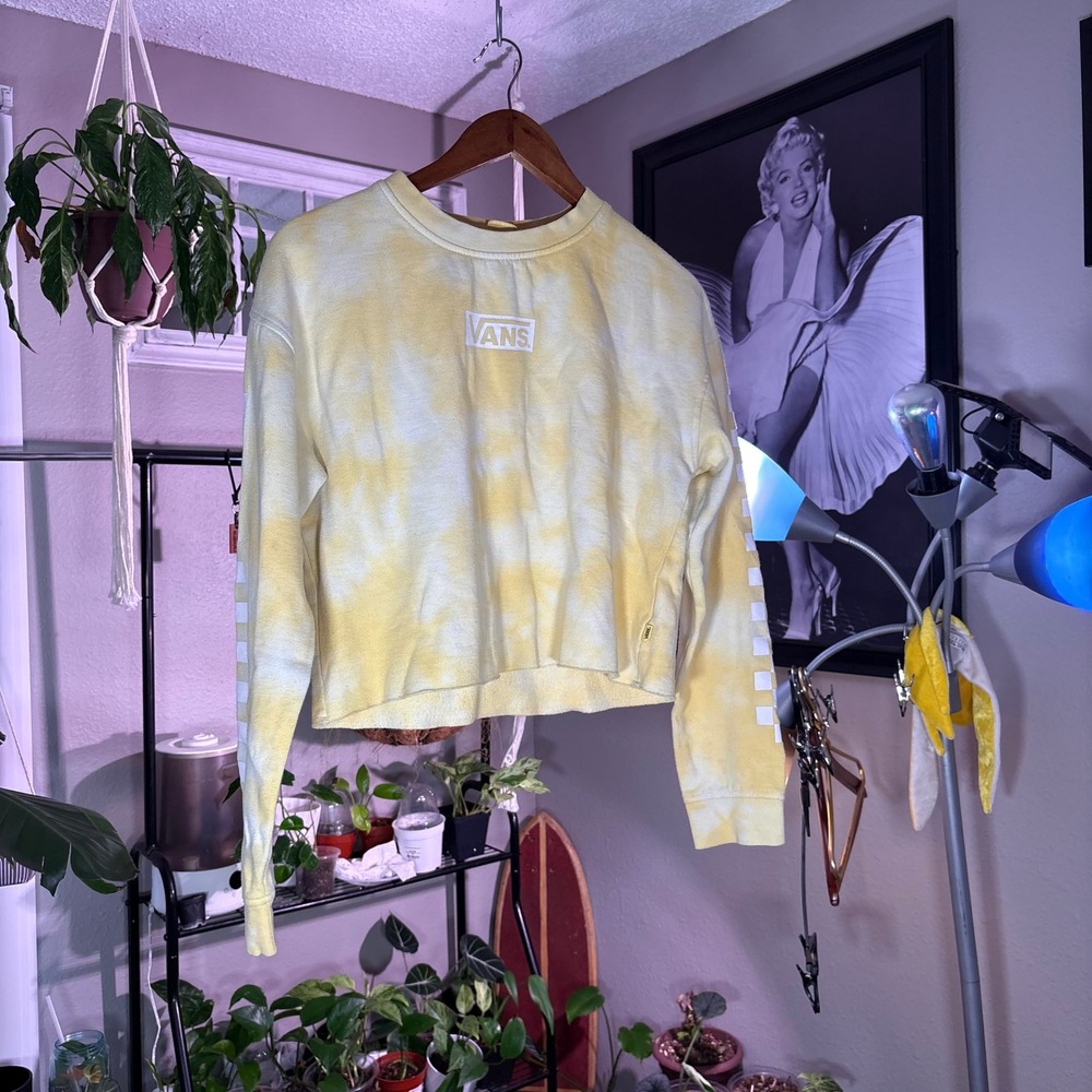 Vans Sweatshirt Womens Medium Yellow Tie Dye Cropped Checkerboard Logo Pullover